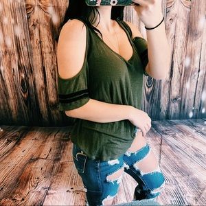 Army green cold shoulder baseball tee